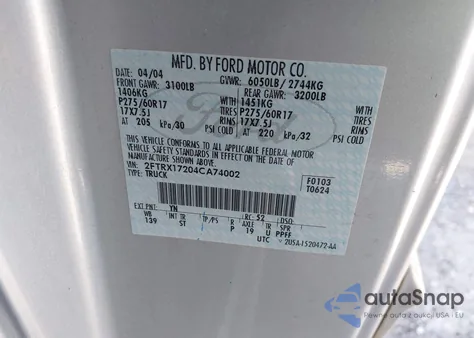 2004 Ford F-150 Heritage Xl/Xlt из США, поврежденный, VIN 2FTRX17204CA74002